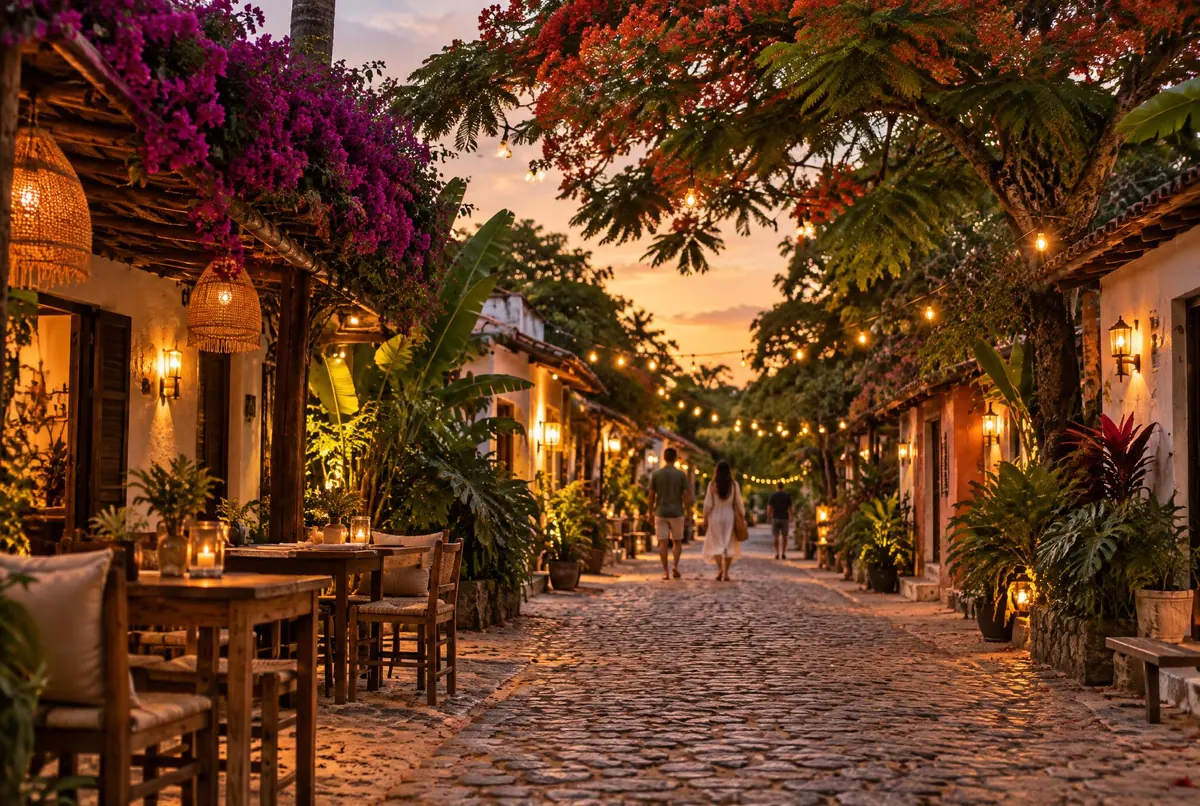 Calle empedrada de Arraial d'Ajuda al anochecer, con mesas de restaurante al aire libre, guirnaldas de luces cálidas y buganvillas.
