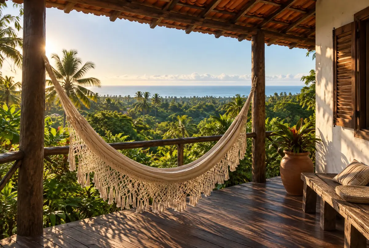 Galería de madera de una posada con hamaca de algodón crudo, sobre un cocotal y bosque atlántico, con una línea de mar en el horizonte.