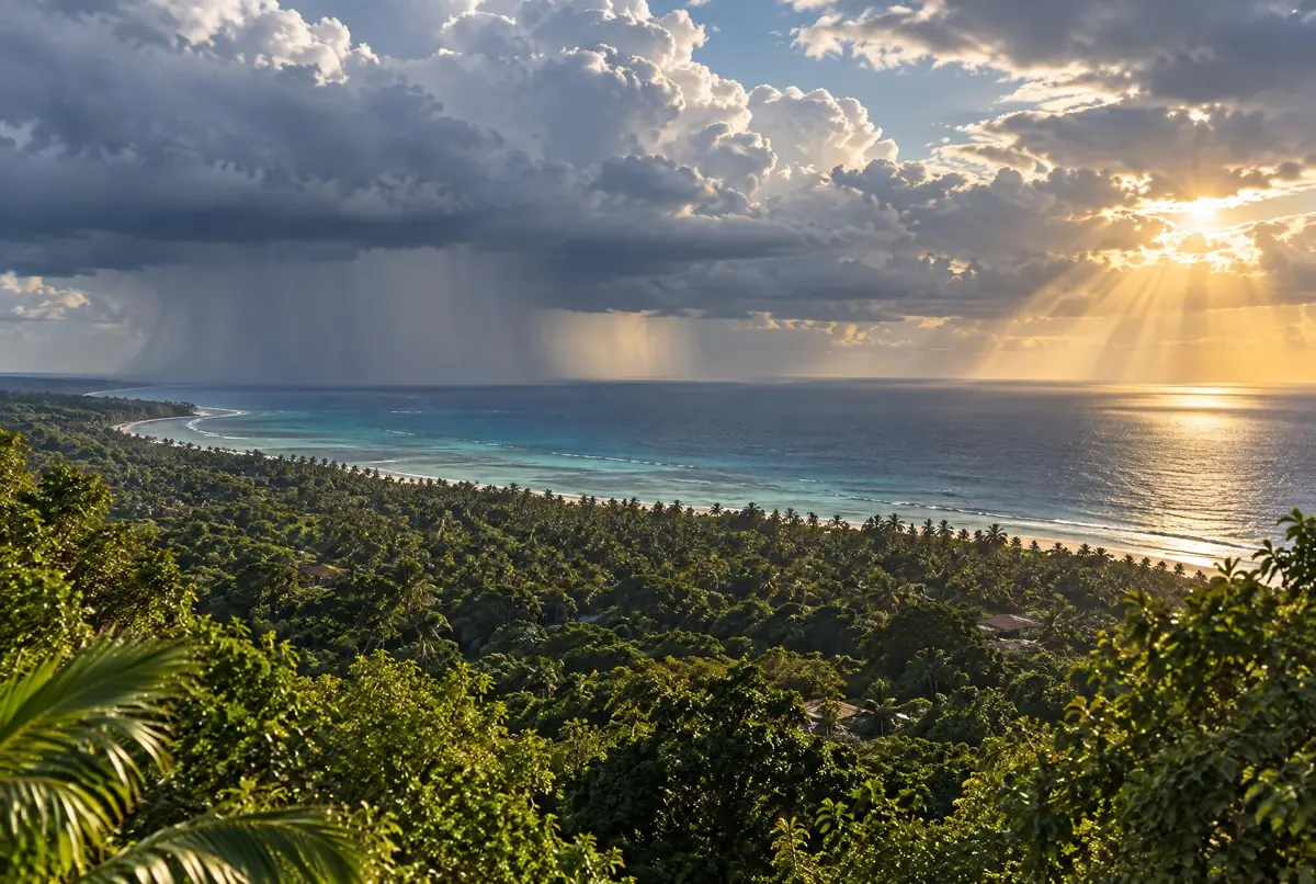 Vista desde un mirante alto: cortina de lluvia tropical cayendo sobre el mar a un lado y rayos de sol abriendo del otro, sobre un cocotal.