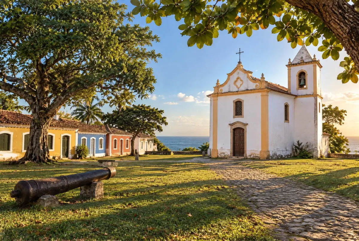 Iglesia colonial blanca de una sola torre sobre césped, casas coloniales de colores, camino de piedra y el mar al fondo, en la Cidade Alta.