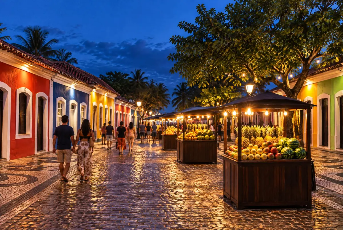 Calle peatonal colonial de Porto Seguro de noche, con casas bajas de colores, puestos de madera con frutas y guirnaldas de lámparas cálidas.