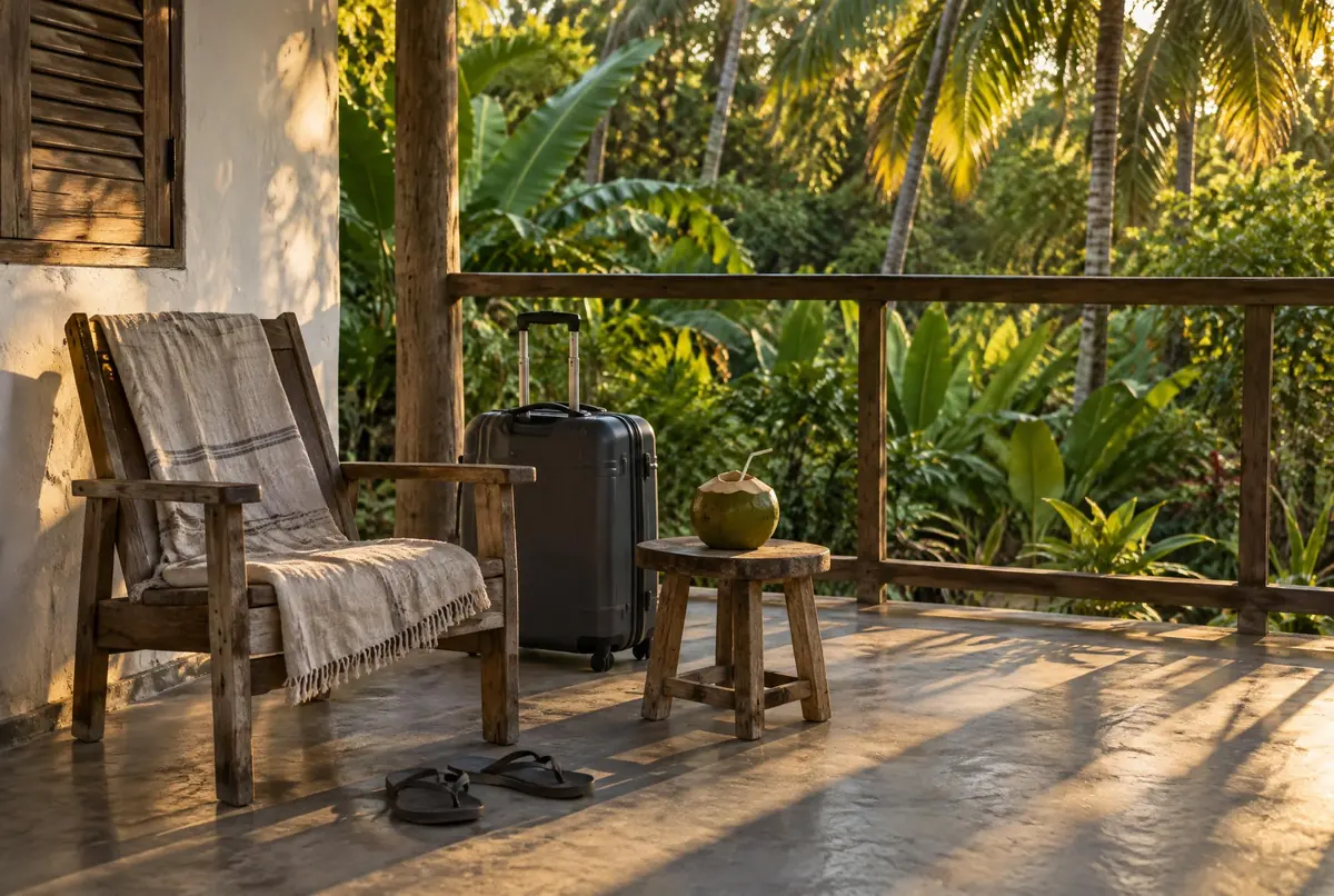 Galería de piso de cemento con silla de madera, valija cerrada, ojotas y agua de coco, con selva detrás.