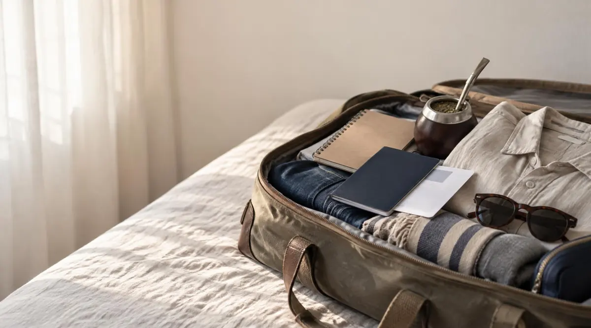 Bolso de mano abierto sobre la cama con pasaporte, tarjeta de embarque, mate y anteojos.