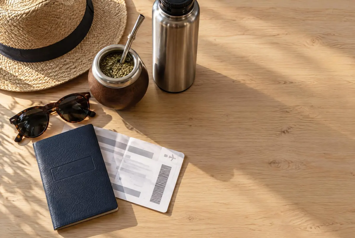 Pasaporte cerrado, tarjeta de embarque, mate con bombilla, termo, anteojos y sombrero de paja sobre madera.