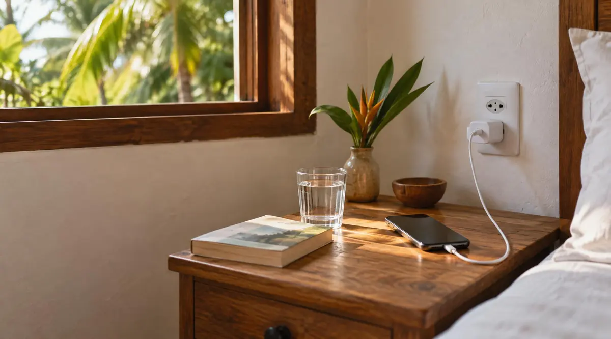 Mesa de luz de madera con celular cargando en un tomacorriente brasileño, vaso de agua y libro.