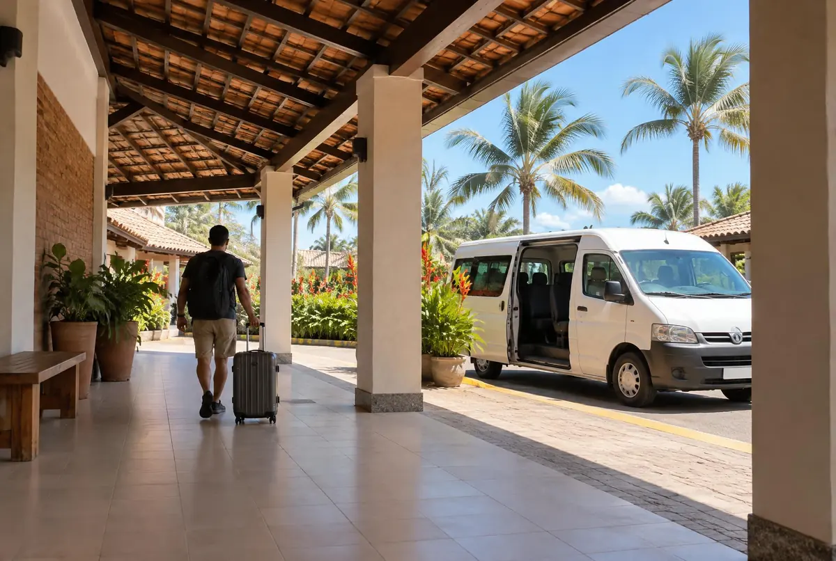 Viajera de espaldas sale con su valija por las puertas de un aeropuerto chico, con palmeras afuera.