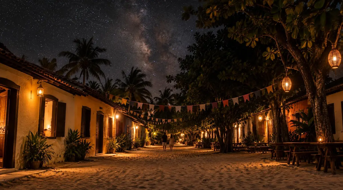Calle de arena de noche, con faroles cálidos, banderines cruzando y cielo estrellado sobre las palmeras.