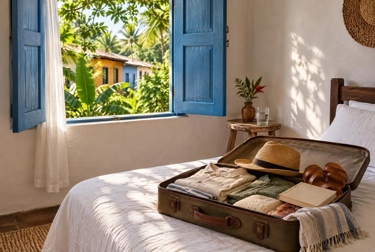 Valija abierta sobre una cama sencilla, junto a una ventana de madera azul abierta al verde.