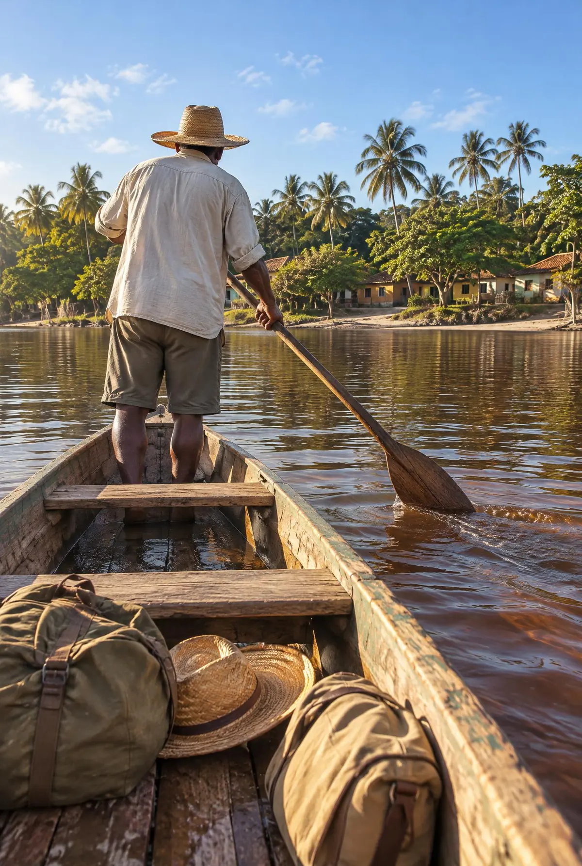 Desde adentro de una canoa de madera: bolsos, sombrero de paja y el canoero remando de espaldas.