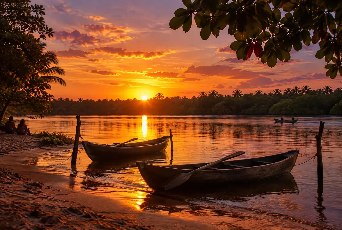 Atardecer sobre el río Caraíva: dos canoas de madera en silueta y el sol bajando tras los árboles.