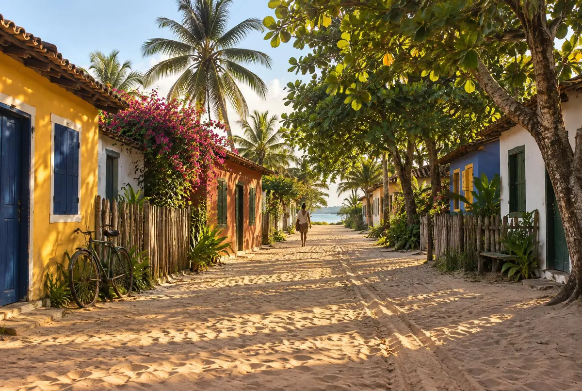 Calle de arena de Caraíva con casas bajas de colores, postigos de madera y una bicicleta apoyada.