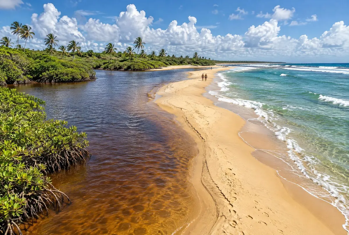 Banco de arena en la barra: a la izquierda el río color té con mangle, a la derecha el mar verde.
