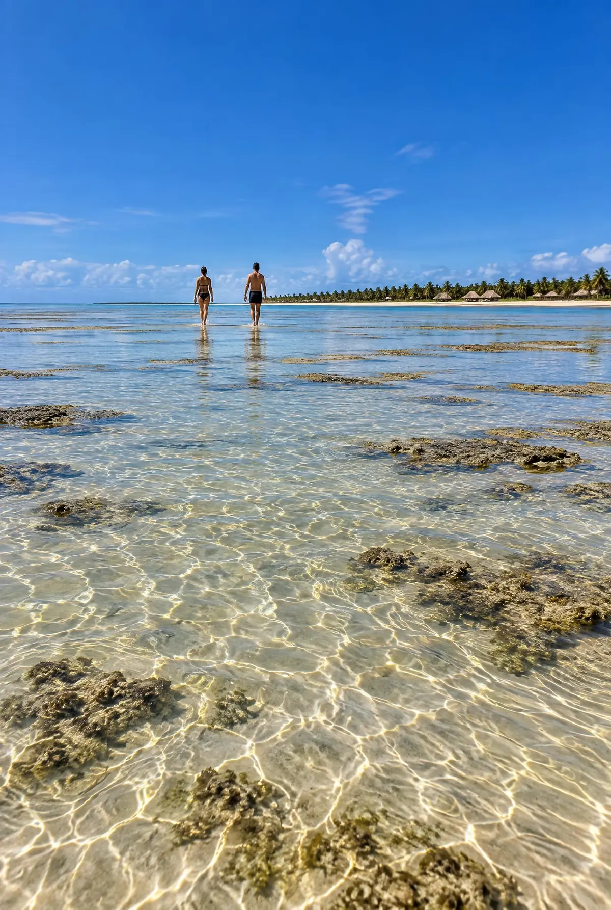 Duas pessoas de costas caminham em água rasa e transparente sobre o banco de areia, longe da praia.