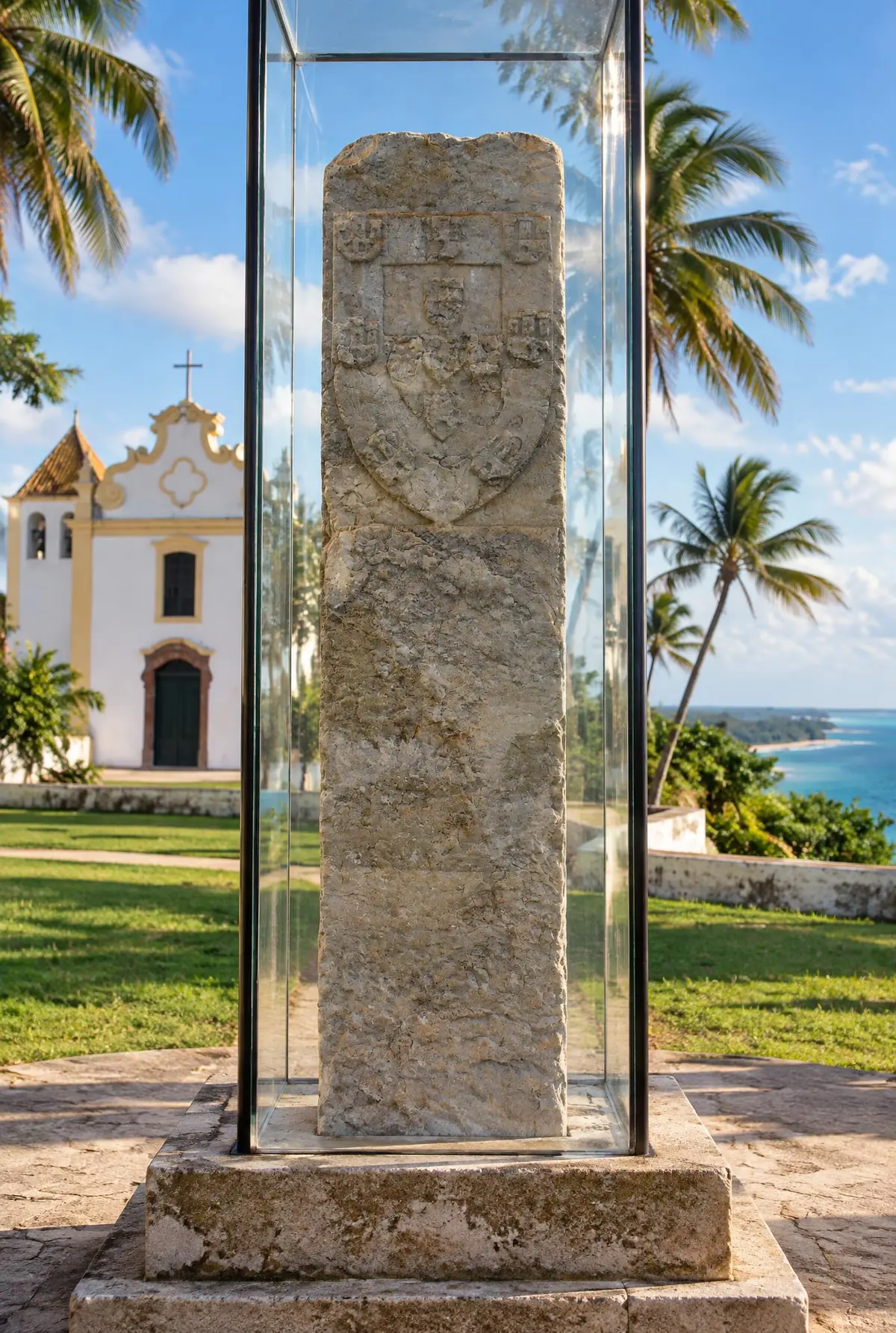 Coluna de pedra com brasão em relevo sob redoma de vidro, com igreja colonial e mar ao fundo.