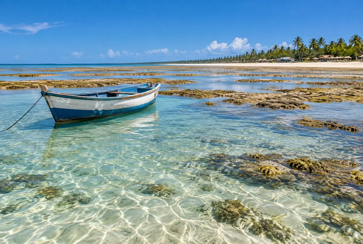 Banco de recife e areia exposto na maré baixa, água rasa transparente e barco de madeira ancorado.