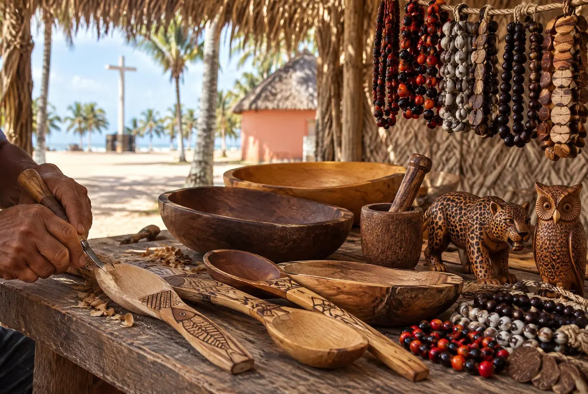 Mãos de artesão entalhando colher de madeira em bancada com gamelas, pilão e colares de sementes.