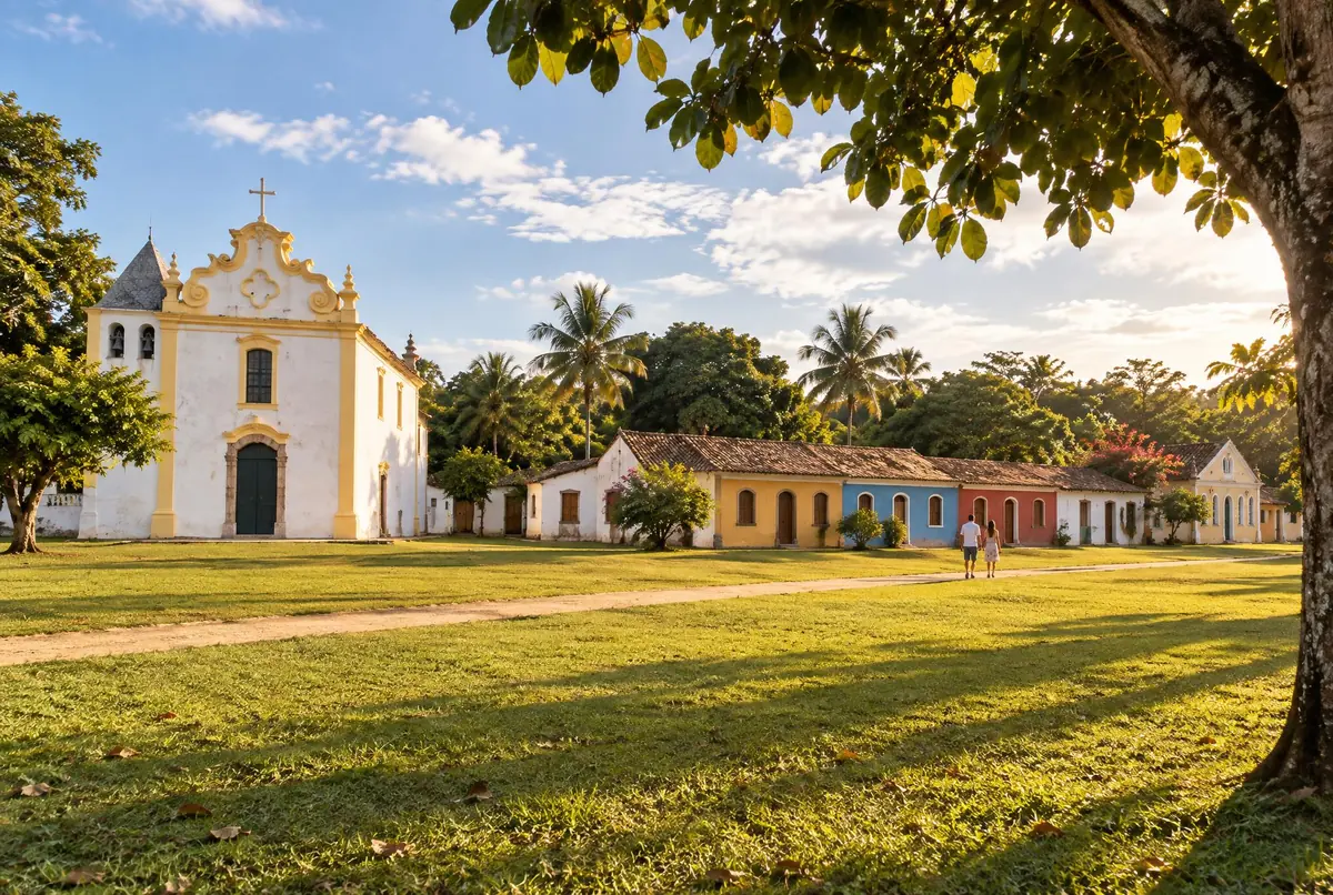 Casario colonial térreo colorido em fileira diante do largo gramado, com igreja branca de torre sineira.