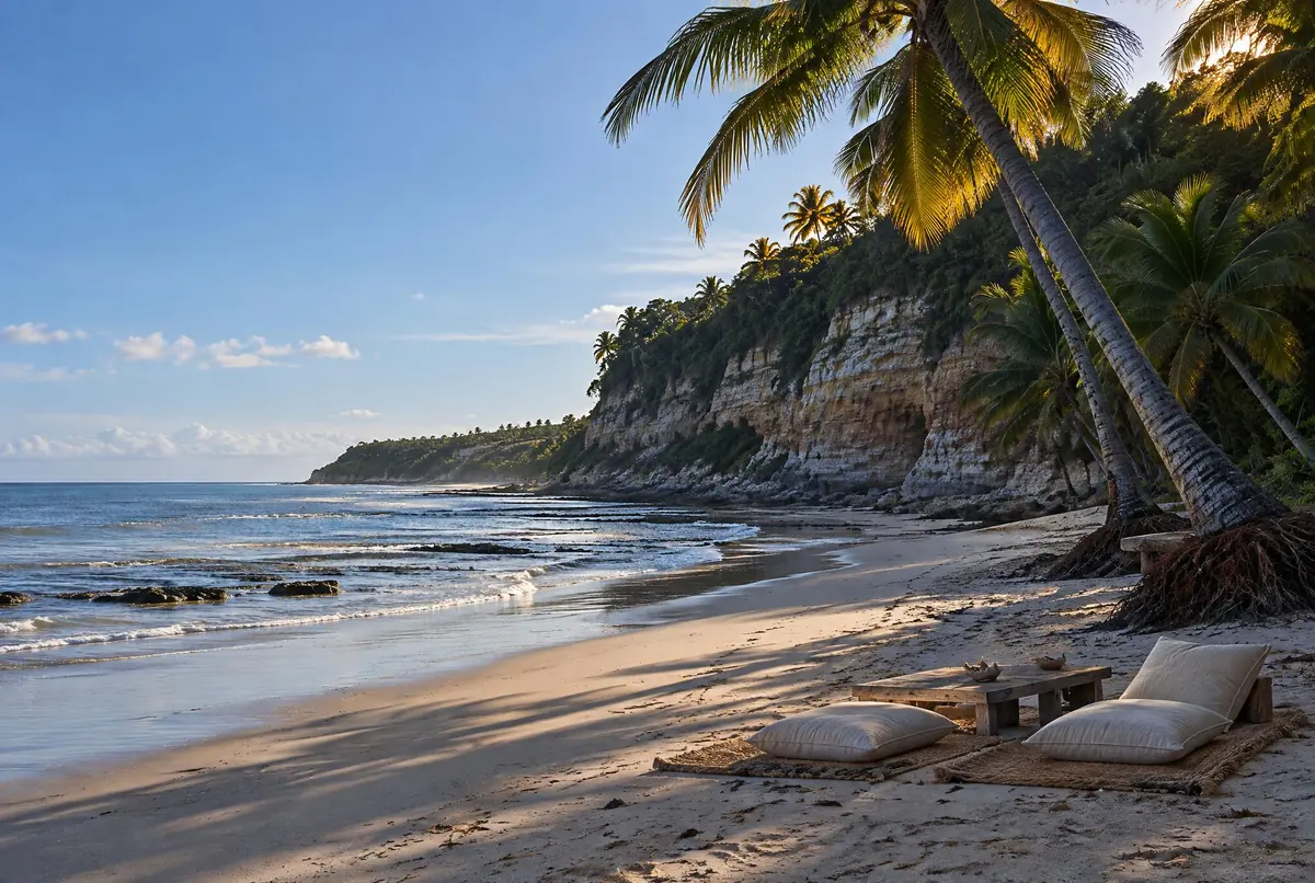 Esteiras vazias com almofadas na areia ao entardecer, coqueiros e mar prateado ao fundo.