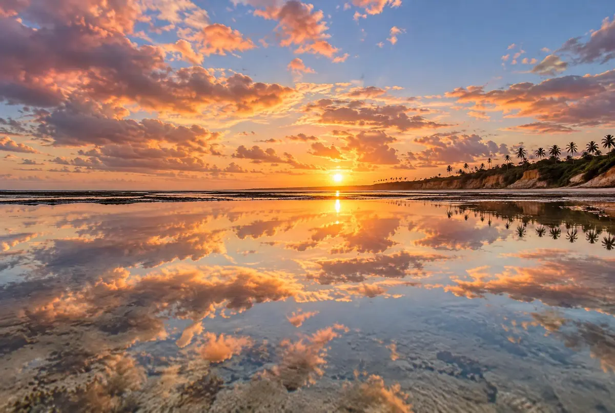 Lâmina de água parada sobre o recife refletindo o céu do amanhecer, com coqueiros ao longe.