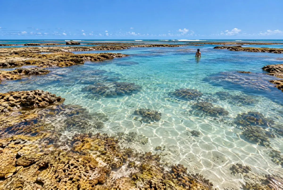 Piscina natural entre bancadas de recife, água transparente e uma pessoa de costas ao longe.