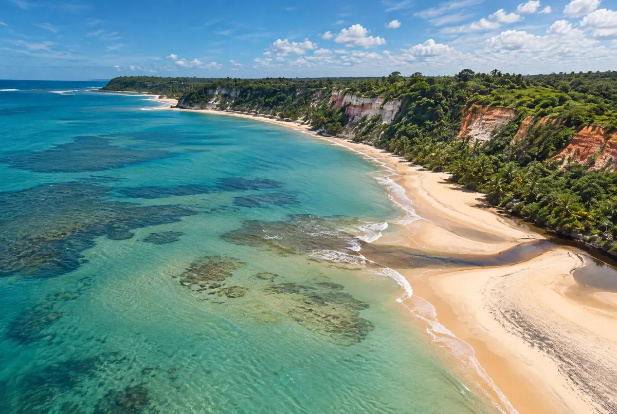 Vista aérea da enseada: recifes sob a água, faixa de areia e falésias com mata no topo.