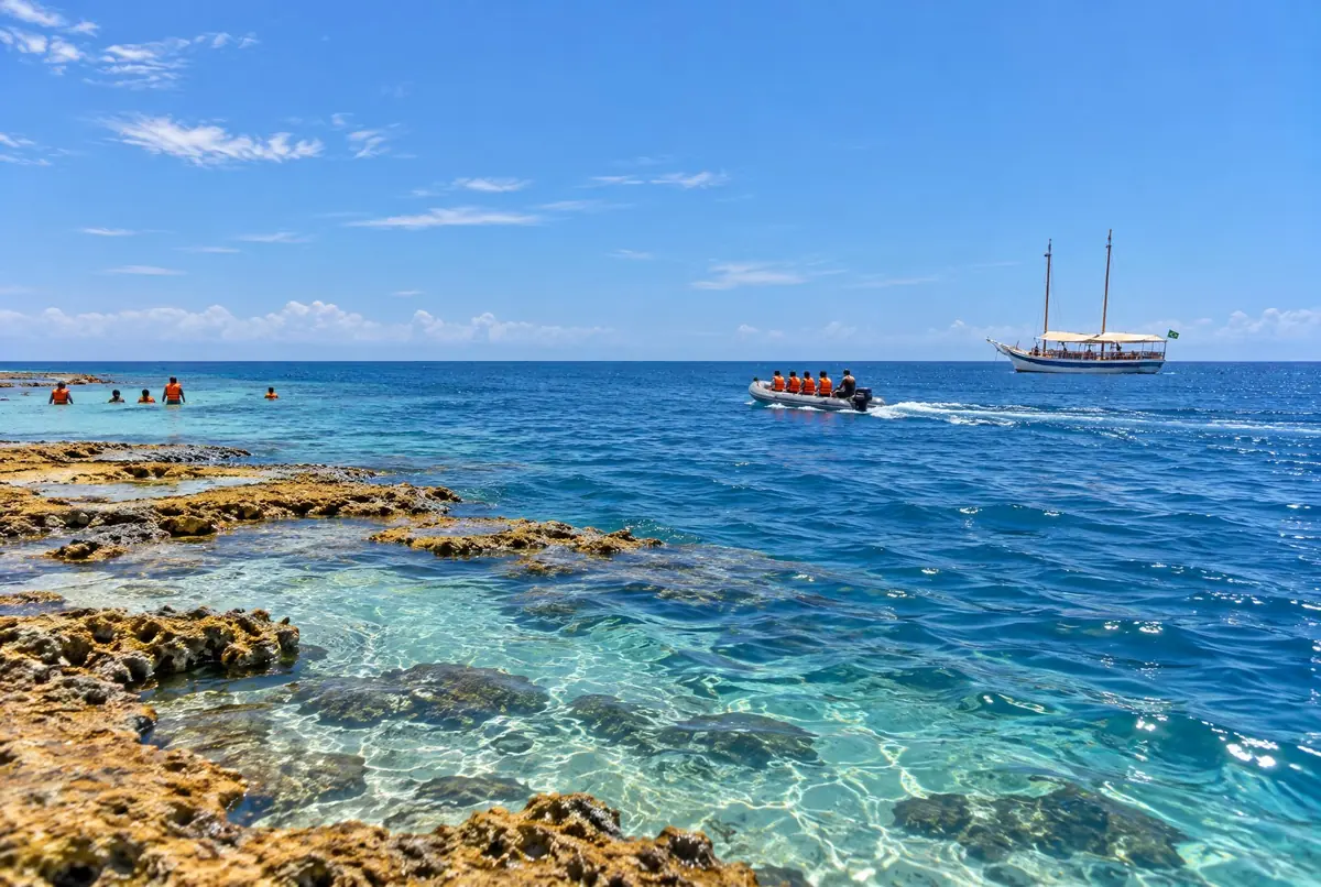 Escuna de madeira de dois mastros ancorada em mar azul, com a linha do recife ao fundo.