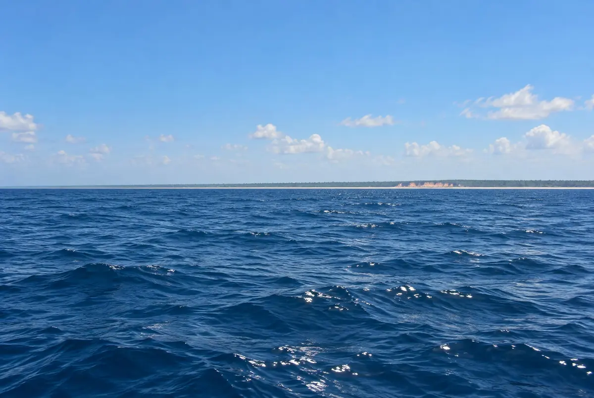 Mar aberto azul-escuro e a costa de Porto Seguro reduzida a uma linha fina de areia, falésia ocre e verde no horizonte.
