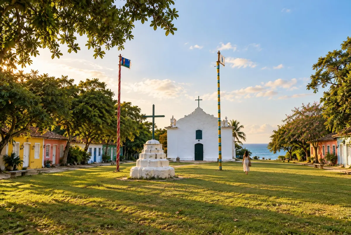 Gramado do Quadrado de Trancoso ao entardecer, com o cruzeiro, o mastro de fitas e a igrejinha branca ao fundo.