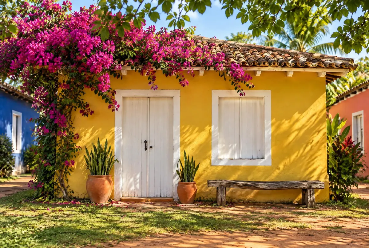 Casa colonial térrea pintada de amarelo, com portas brancas, telha colonial e buganvília magenta sobre o beiral.